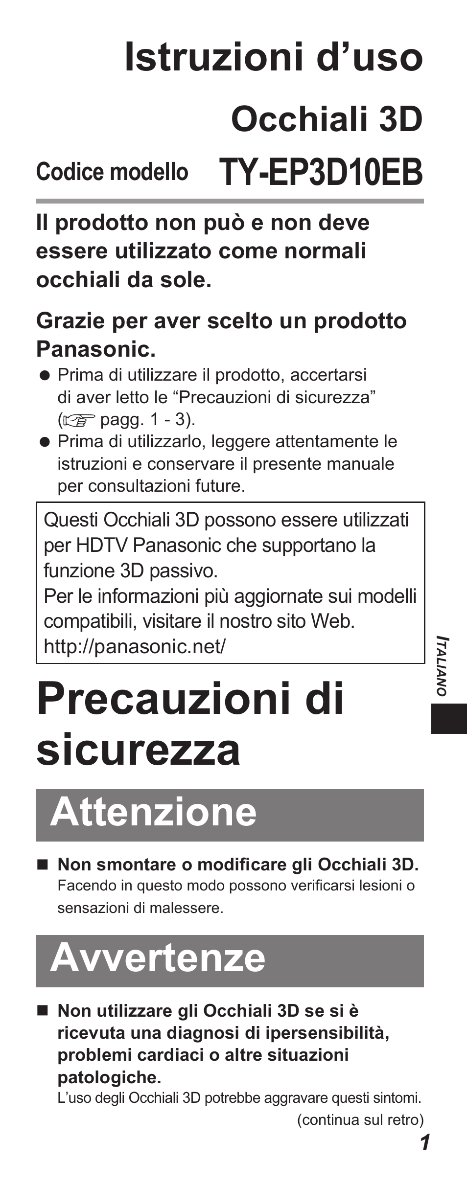 Precauzioni di sicurezza, Istruzioni d’uso, Attenzione | Avvertenze, Ty-ep3d10eb, Occhiali 3d, Codice modello | Panasonic TYEP3D10EB User Manual | Page 23 / 102