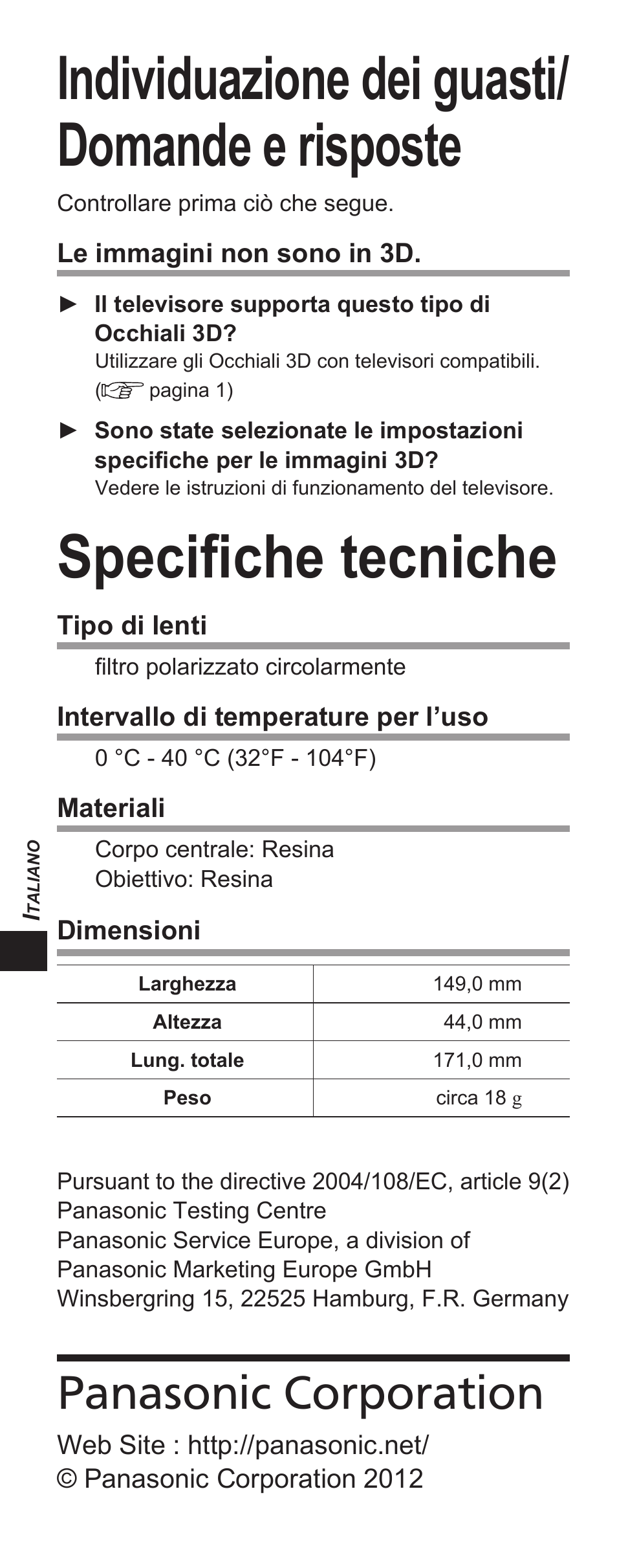 Individuazione dei guasti/ domande e risposte, Specifiche tecniche, Panasonic corporation | Panasonic TYEP3D10EB User Manual | Page 26 / 102