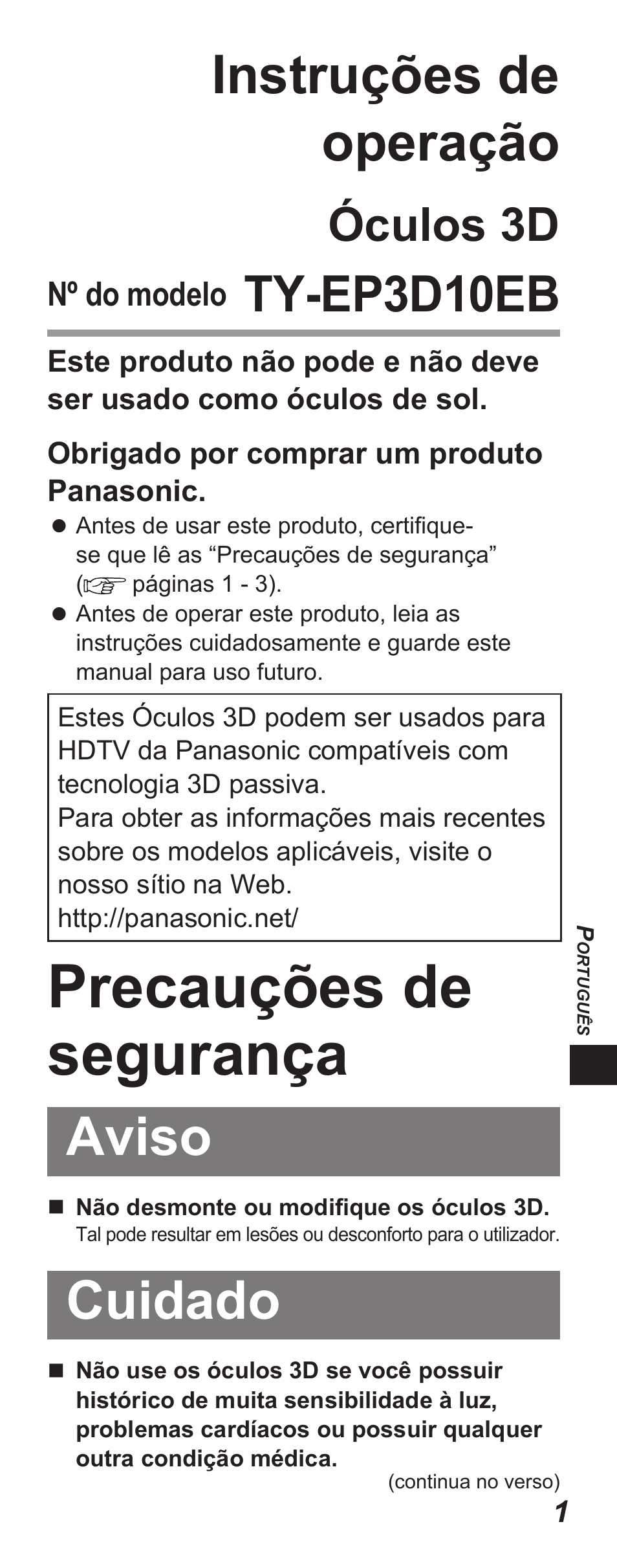 Precauções de segurança, Instruções de operação, Aviso | Cuidado, Ty-ep3d10eb, Óculos 3d | Panasonic TYEP3D10EB User Manual | Page 33 / 102