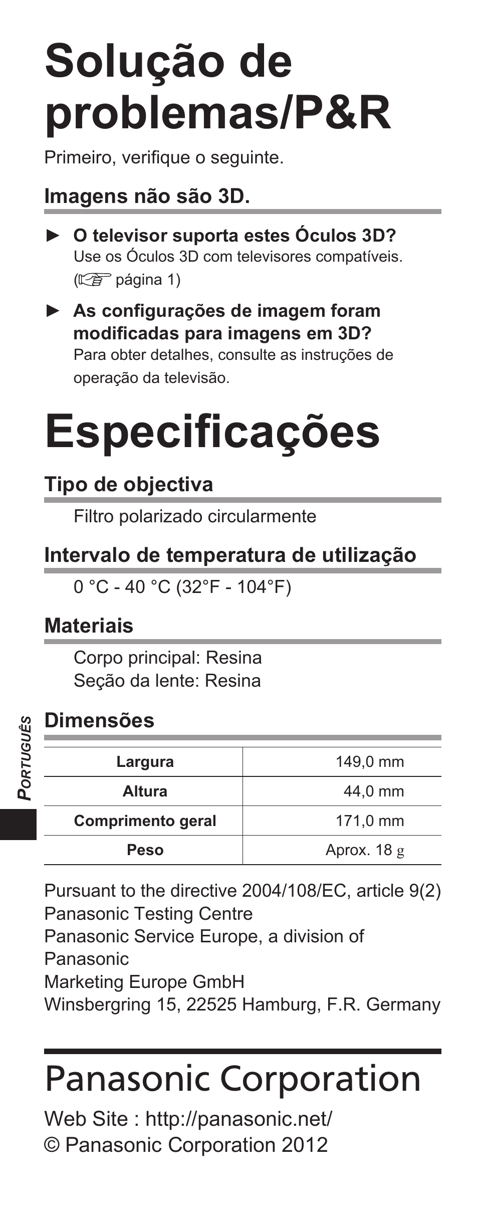 Solução de problemas/p&r, Especificações, Panasonic corporation | Panasonic TYEP3D10EB User Manual | Page 36 / 102