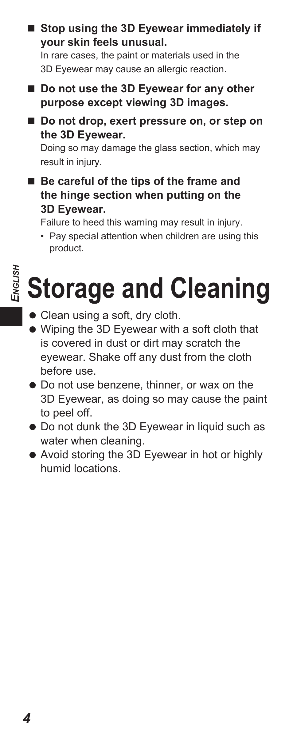 Storage and cleaning | Panasonic TYEP3D10EB User Manual | Page 4 / 102