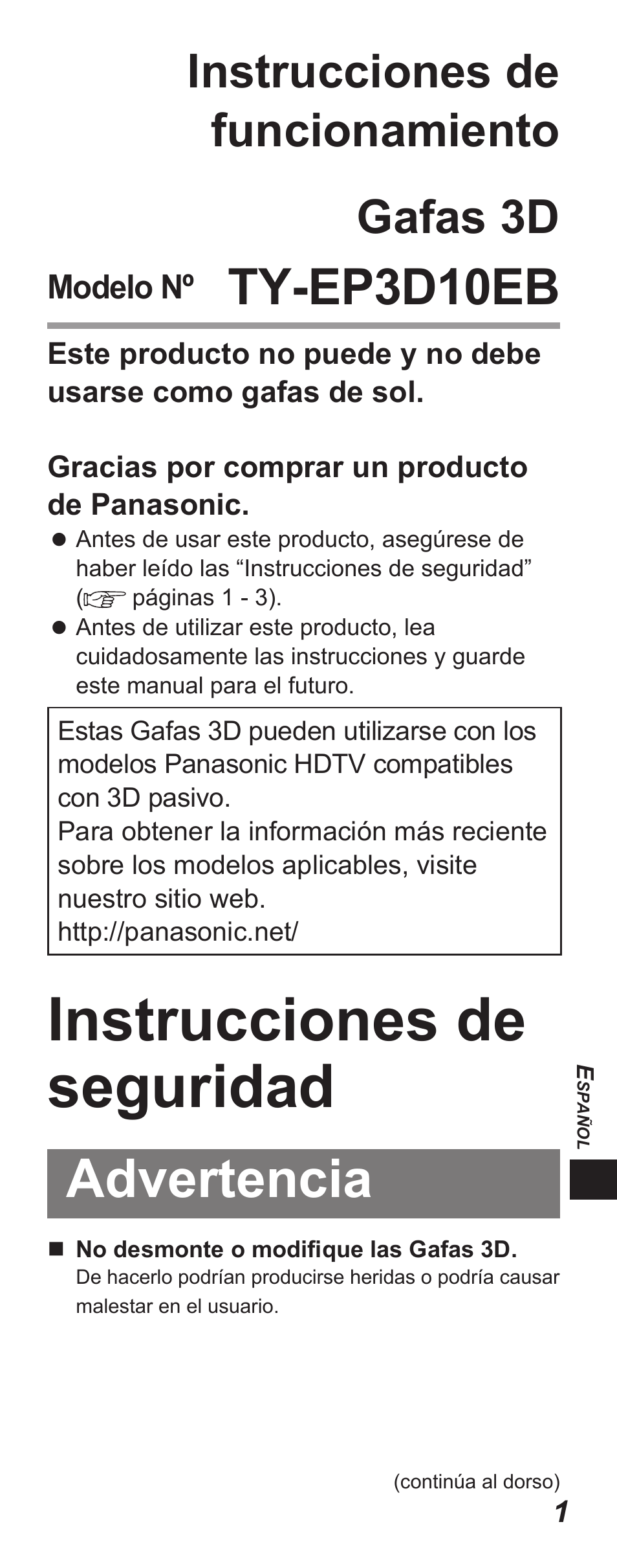 Instrucciones de seguridad, Advertencia, Ty-ep3d10eb | Instrucciones de funcionamiento gafas 3d | Panasonic TYEP3D10EB User Manual | Page 43 / 102