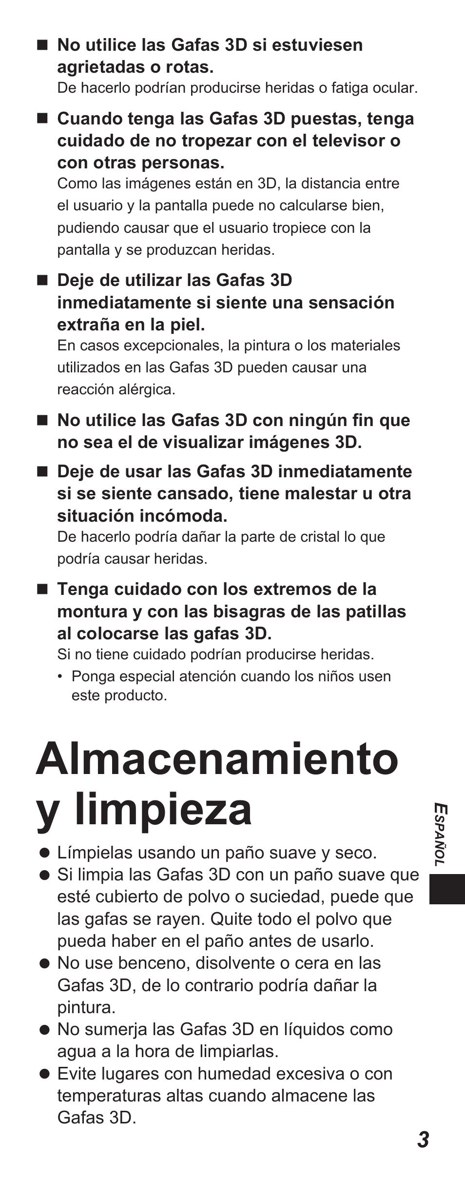 Almacenamiento y limpieza | Panasonic TYEP3D10EB User Manual | Page 45 / 102