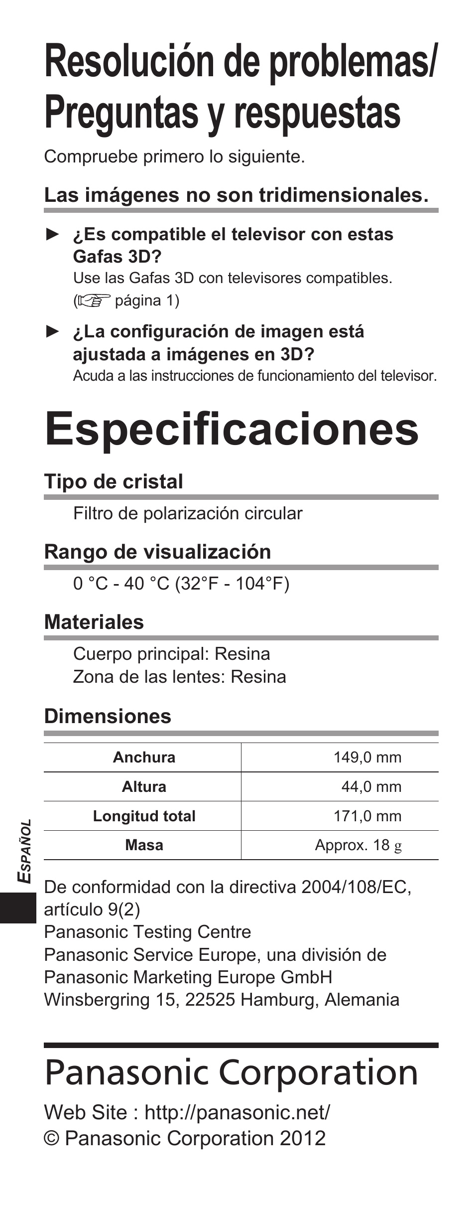 Resolución de problemas/ preguntas y respuestas, Especificaciones, Panasonic corporation | Panasonic TYEP3D10EB User Manual | Page 46 / 102