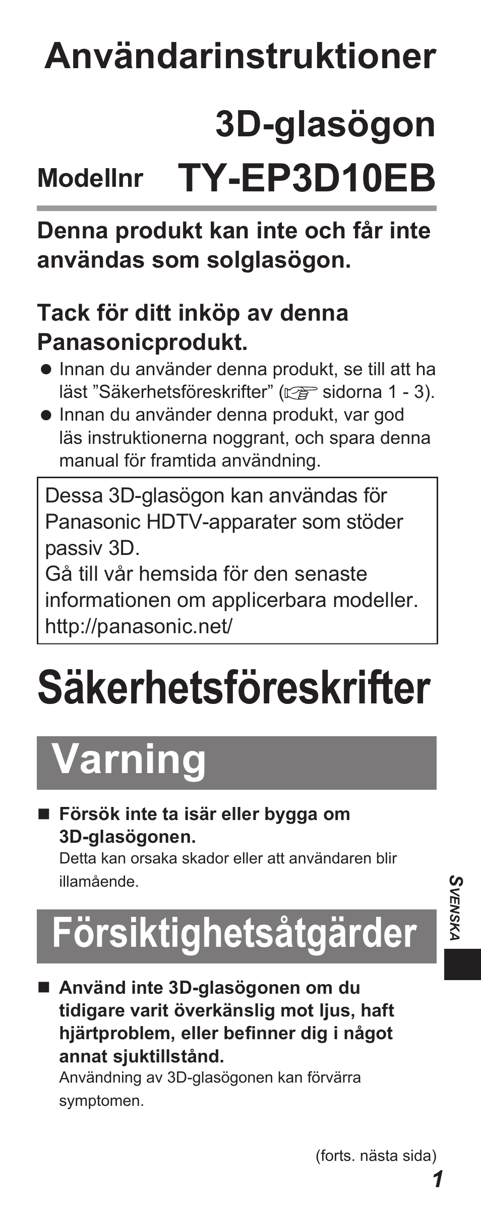 Säkerhetsföreskrifter, Varning, Försiktighetsåtgärder | Ty-ep3d10eb, Användarinstruktioner 3d-glasögon, Modellnr | Panasonic TYEP3D10EB User Manual | Page 47 / 102