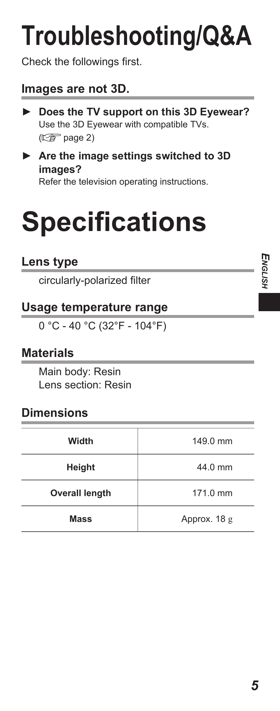 Troubleshooting/q&a, Specifications | Panasonic TYEP3D10EB User Manual | Page 5 / 102