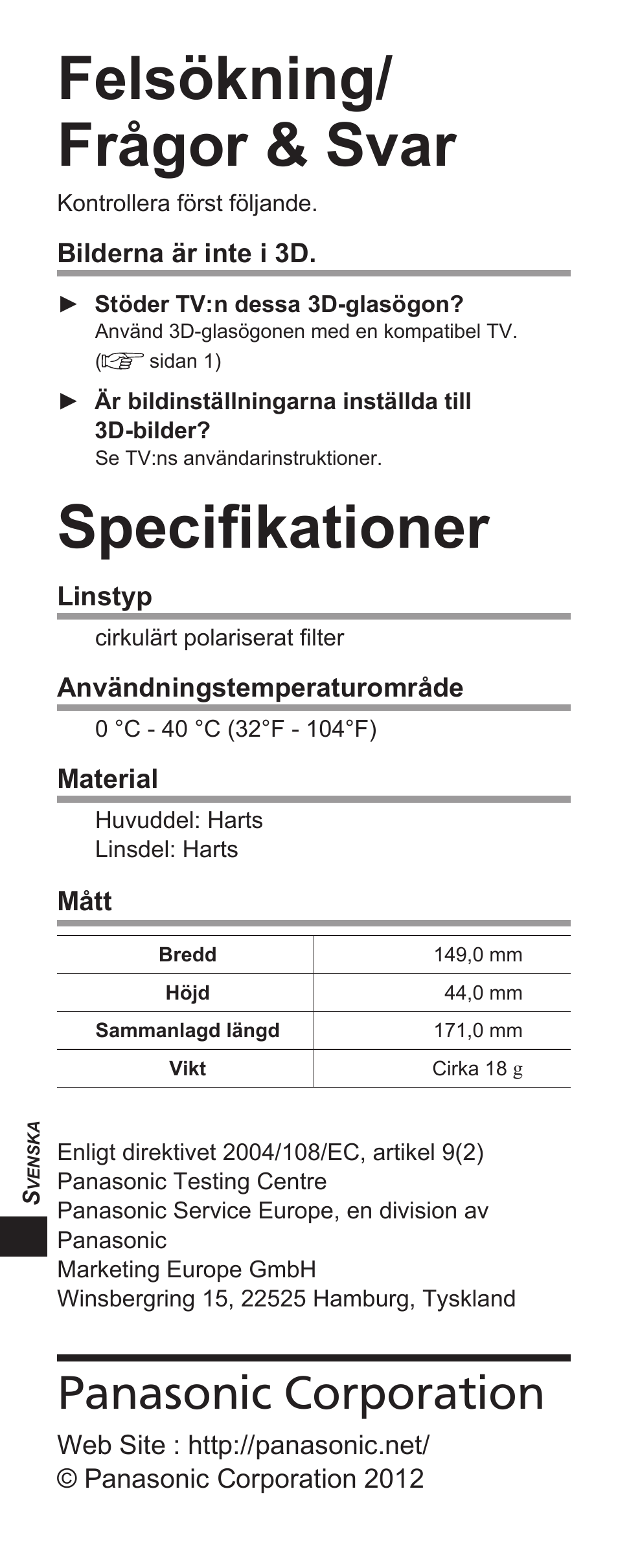 Felsökning/ frågor & svar, Specifikationer, Panasonic corporation | Panasonic TYEP3D10EB User Manual | Page 50 / 102