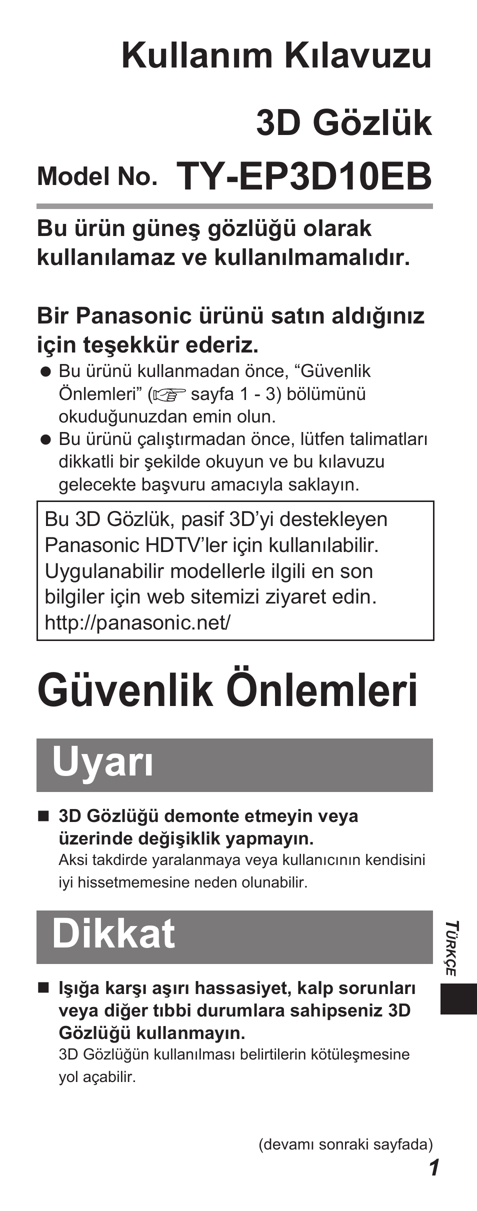 Güvenlik önlemleri, Uyarı, Dikkat | Ty-ep3d10eb, Kullanım kılavuzu 3d gözlük, Model no | Panasonic TYEP3D10EB User Manual | Page 51 / 102