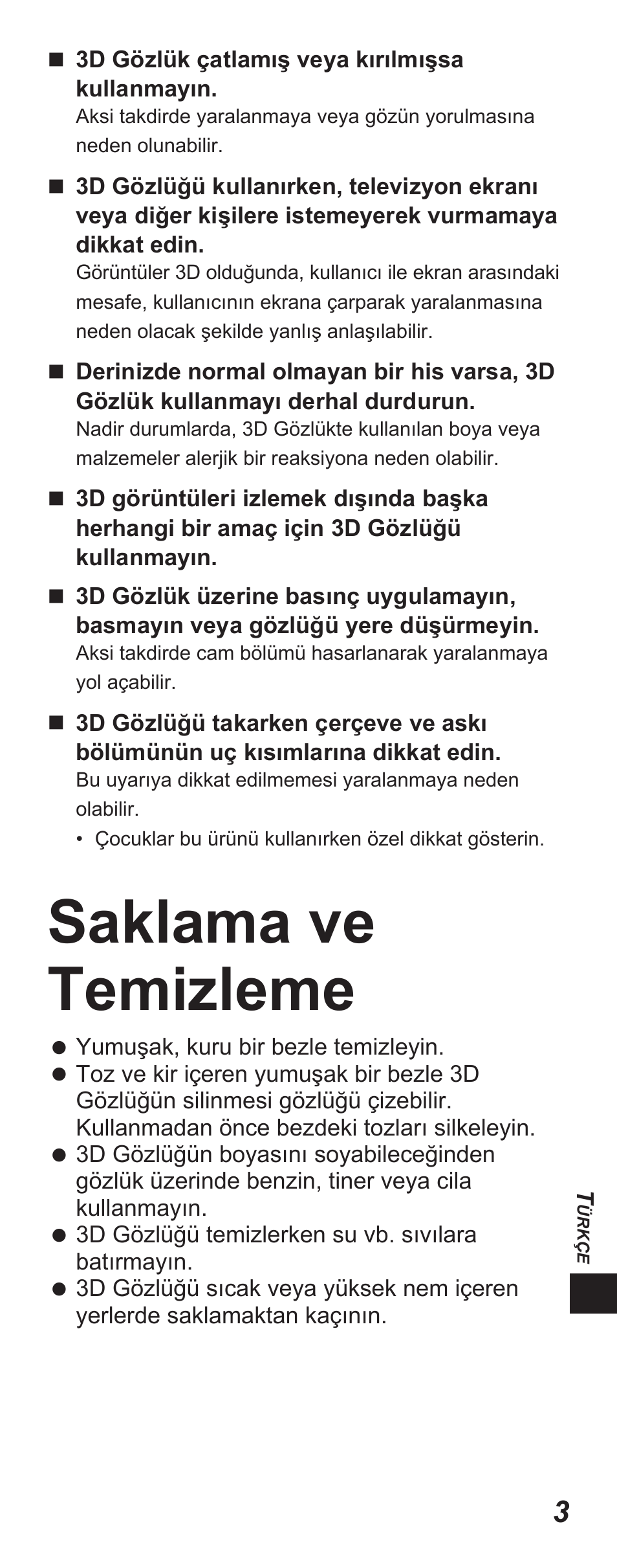 Saklama ve temizleme | Panasonic TYEP3D10EB User Manual | Page 53 / 102