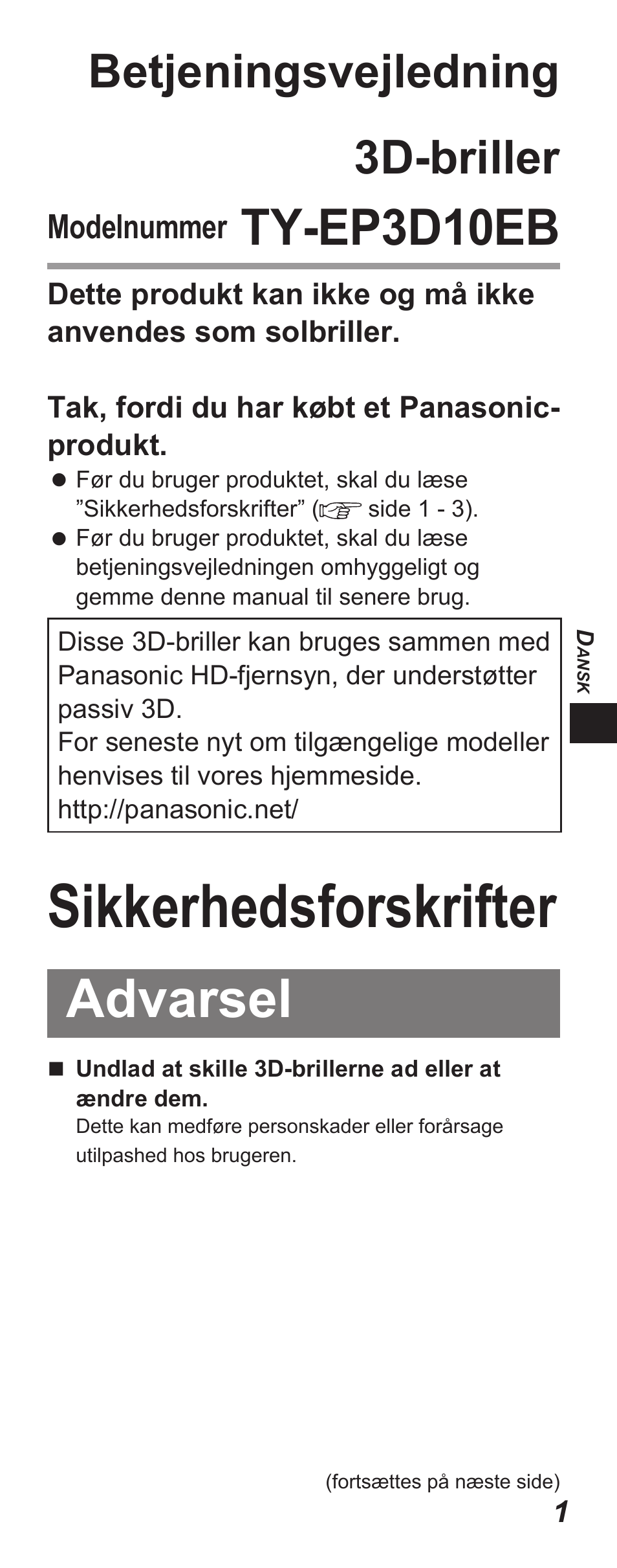 Sikkerhedsforskrifter, Advarsel, Ty-ep3d10eb | Betjeningsvejledning 3d-briller, Modelnummer | Panasonic TYEP3D10EB User Manual | Page 7 / 102