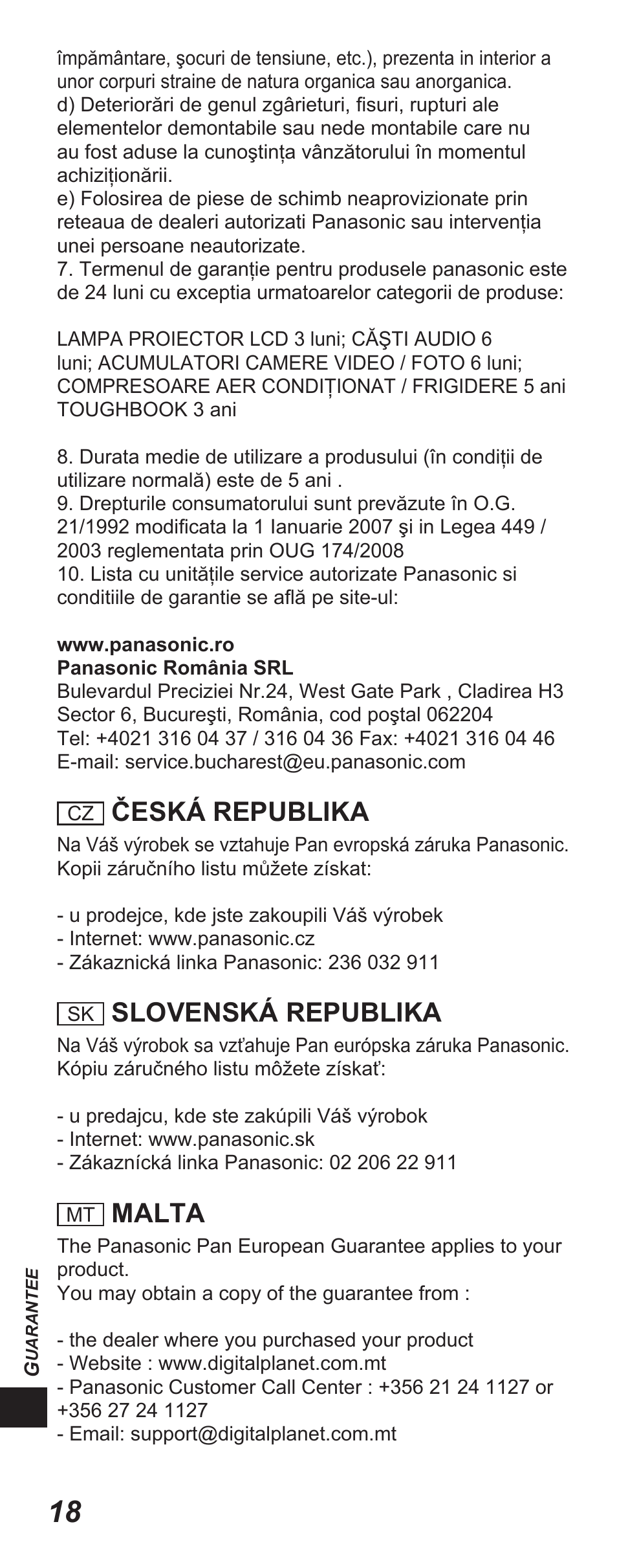 Česká republika, Slovenská republika, Malta | Panasonic TYEP3D10EB User Manual | Page 78 / 102