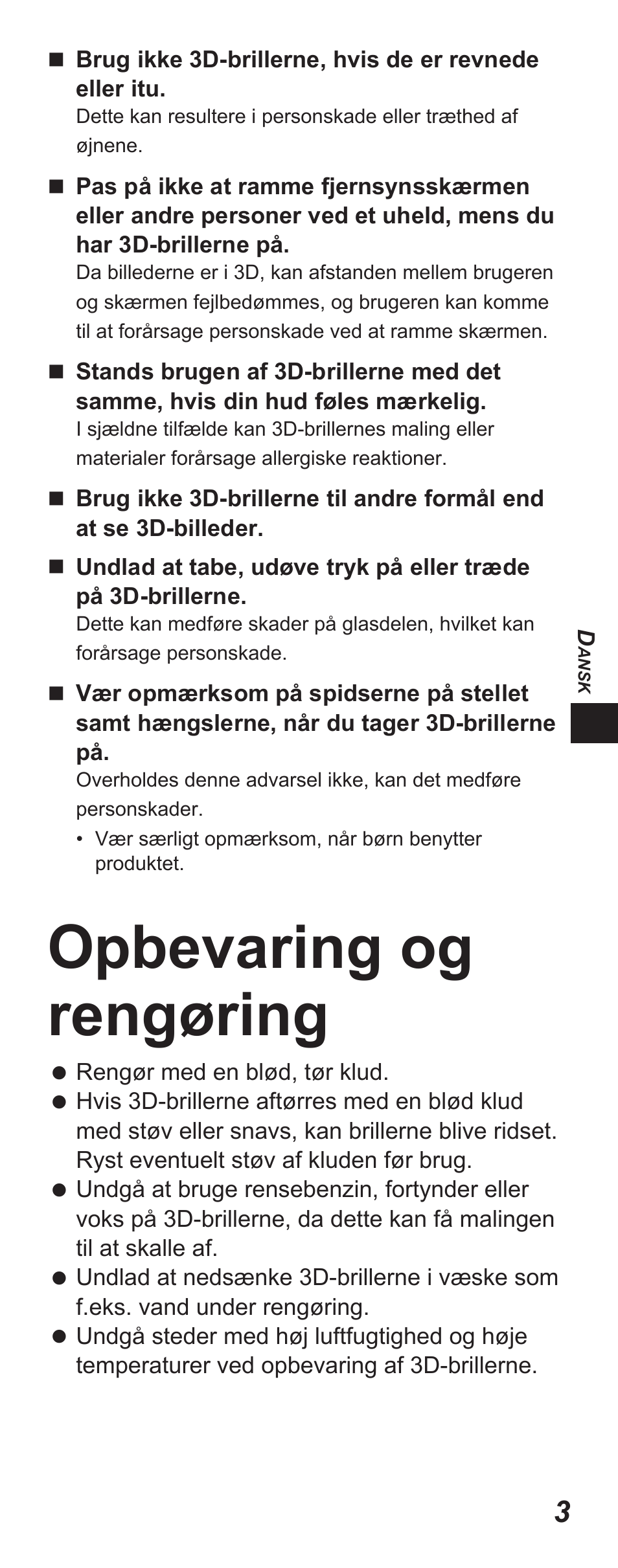 Opbevaring og rengøring | Panasonic TYEP3D10EB User Manual | Page 9 / 102