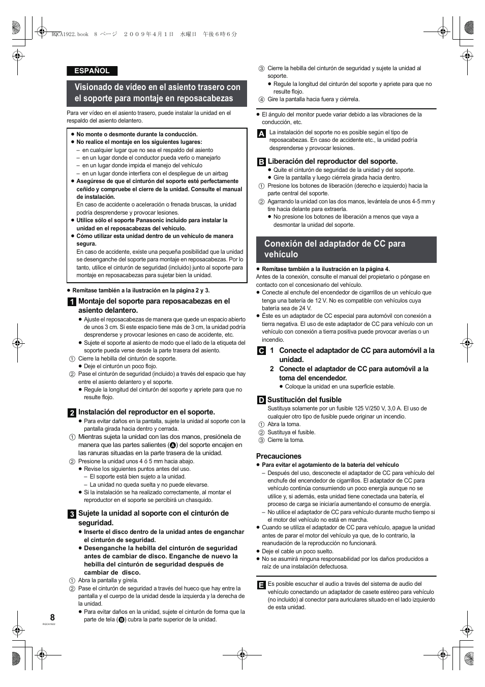 Conexión del adaptador de cc para vehículo | Panasonic DMPB15 User Manual | Page 8 / 12