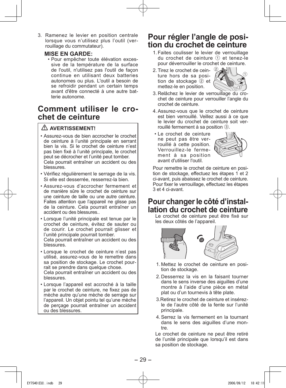Comment utiliser le cro- chet de ceinture | Panasonic EY7540 User Manual | Page 29 / 136