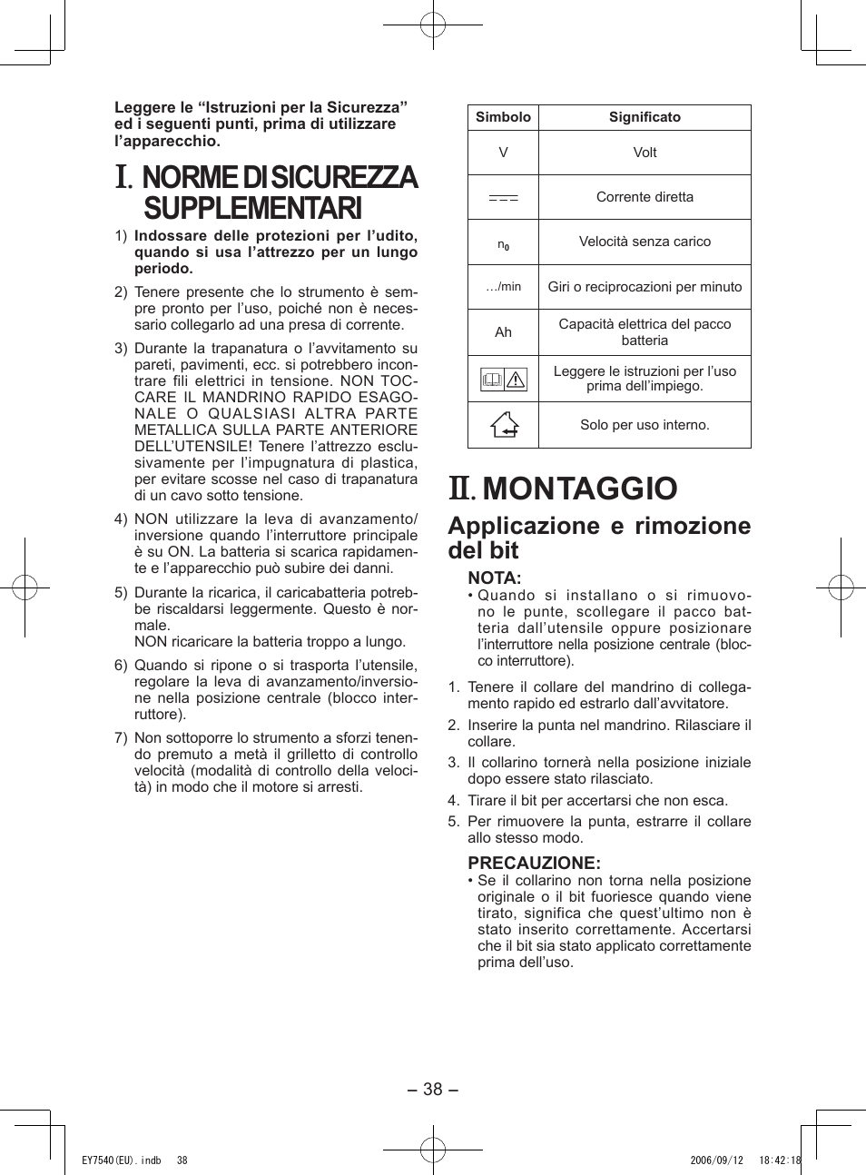 Norme di sicurezza supplementari, Montaggio, Applicazione e rimozione del bit | Panasonic EY7540 User Manual | Page 38 / 136