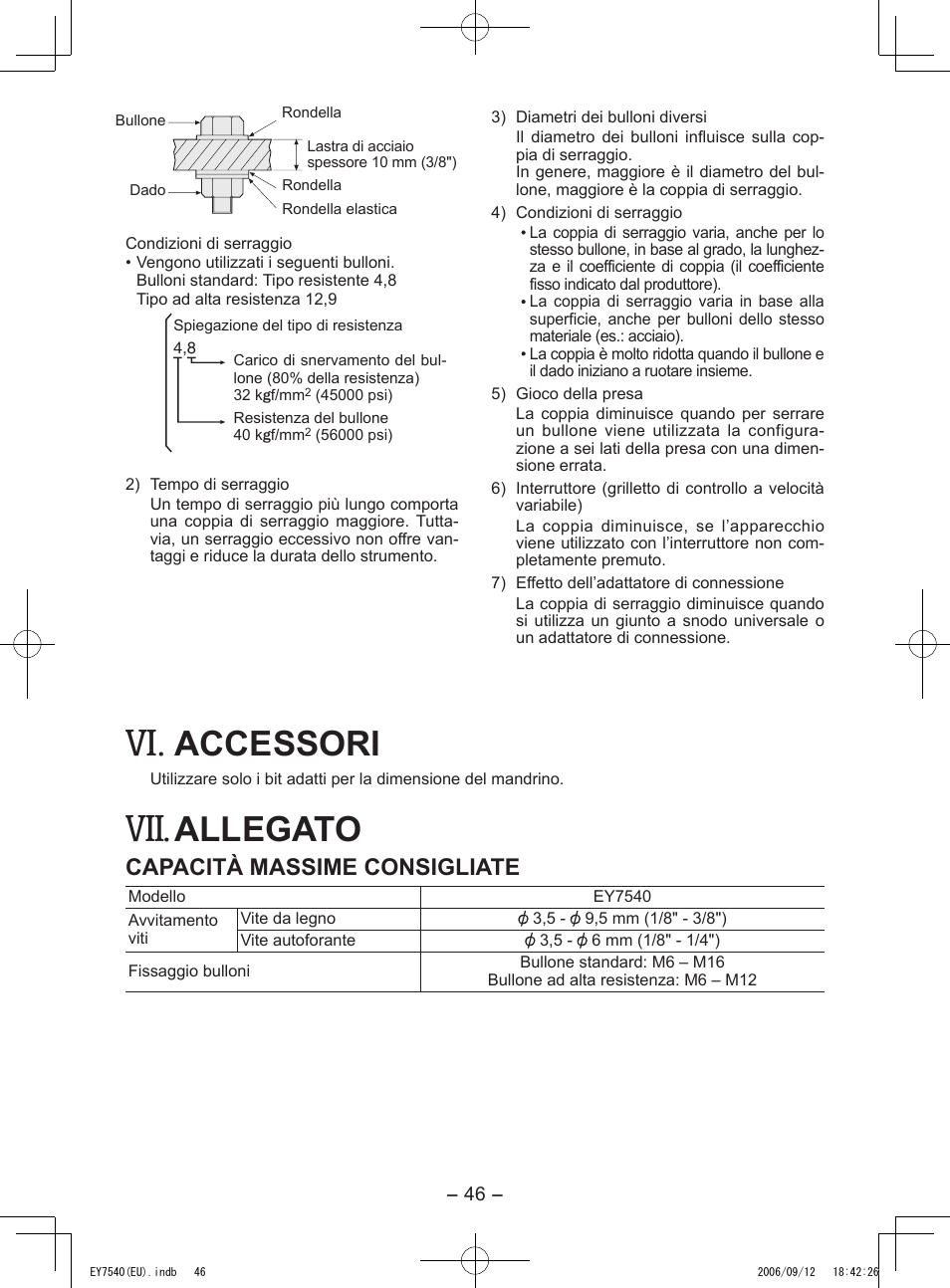Accessori, Allegato, Capacità massime consigliate | Panasonic EY7540 User Manual | Page 46 / 136