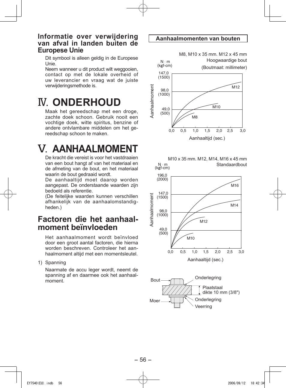 Onderhoud, Aanhaalmoment, Factoren die het aanhaal- moment beïnvloeden | Panasonic EY7540 User Manual | Page 56 / 136