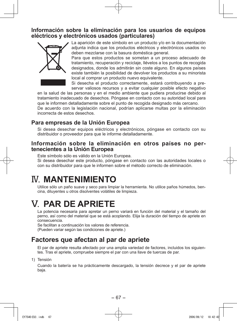 Mantenimiento, Par de apriete, Factores que afectan al par de apriete | Panasonic EY7540 User Manual | Page 67 / 136