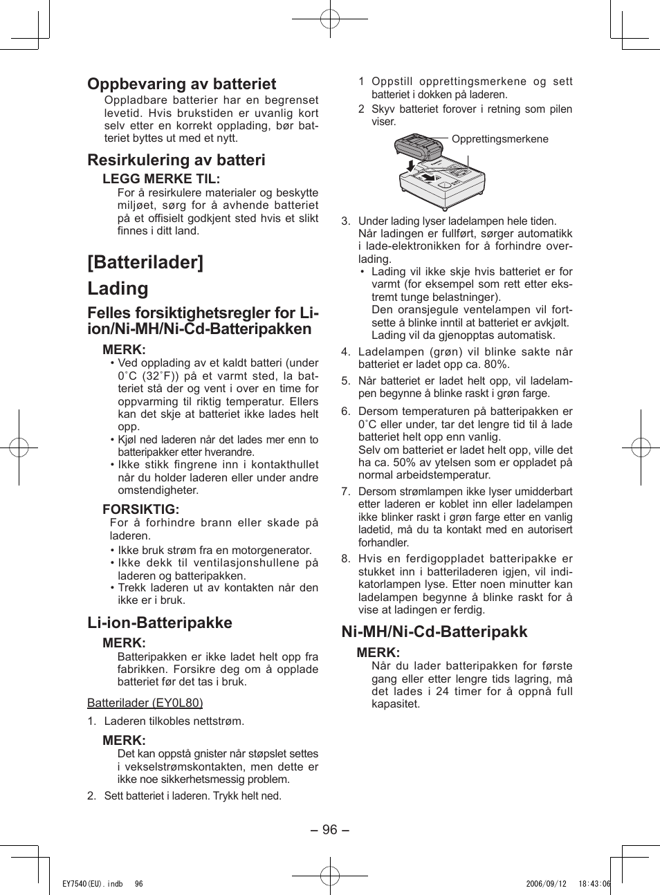 Batterilader] lading, Oppbevaring av batteriet, Resirkulering av batteri | Li-ion-batteripakke, Ni-mh/ni-cd-batteripakk | Panasonic EY7540 User Manual | Page 96 / 136
