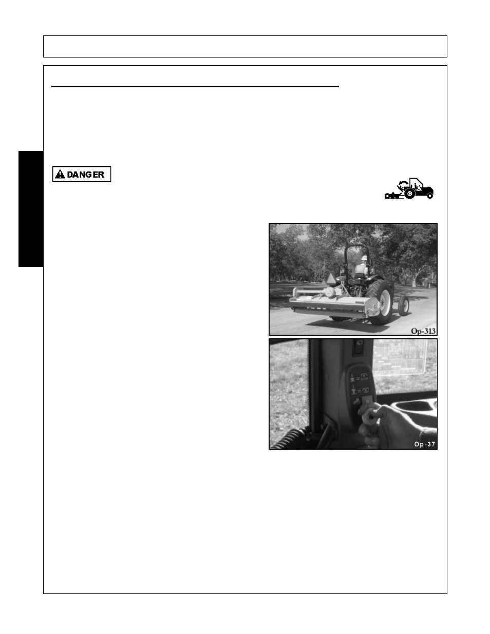 Transporting the tractor and implement, Transporting the tractor and implement -30, Operation | Opera t ion | Alamo HYDRO 88 User Manual | Page 110 / 130