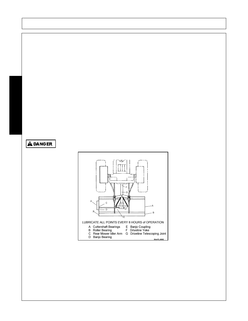 Daily checks, Before each day’s use, follow this procedure, A. cuttershaft bearings | B. roller bearing, C. rear mower idler arm, D. banjo bearing, E. banjo coupling, F. driveline yoke, G. driveline telescoping joint, Daily checks -2 | Alamo HYDRO 88 User Manual | Page 118 / 130