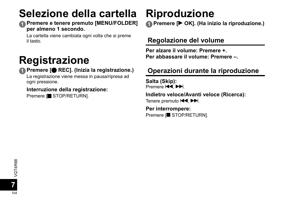Selezione della cartella, Registrazione, Riproduzione | Panasonic RRUS310E User Manual | Page 104 / 293