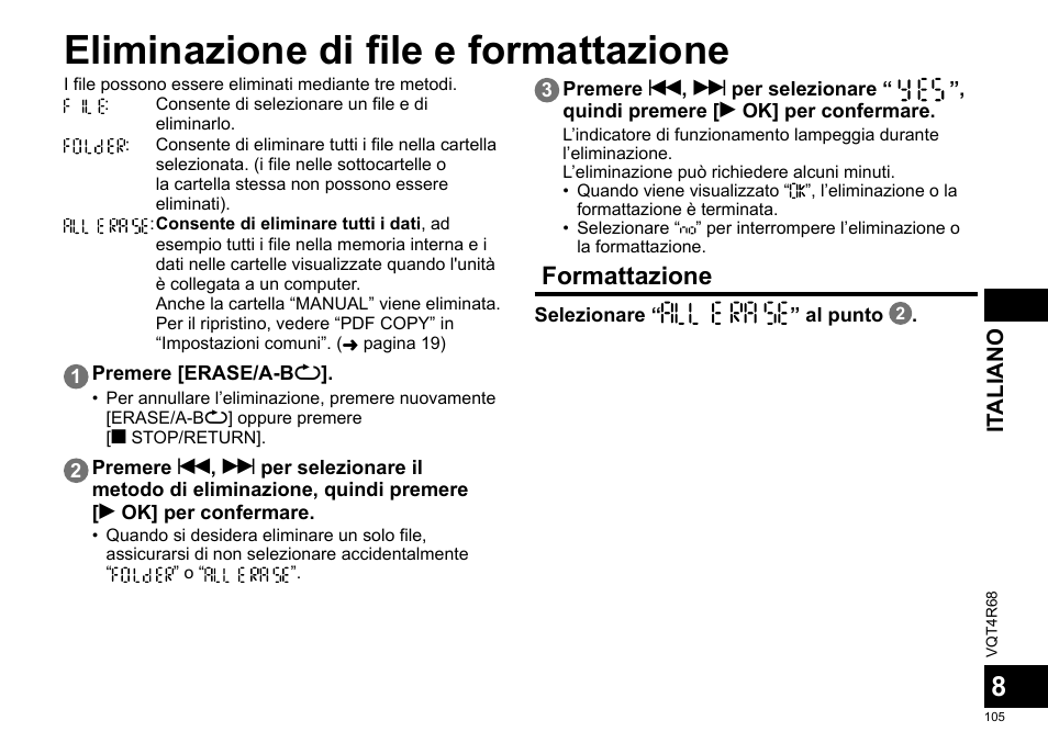 Eliminazione di file e formattazione, Formattazione | Panasonic RRUS310E User Manual | Page 105 / 293