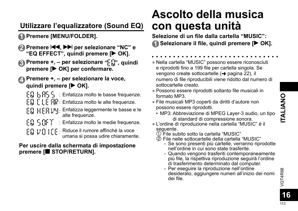Ascolto della musica con questa unità, Utilizzare l’equalizzatore (sound eq) 1 | Panasonic RRUS310E User Manual | Page 113 / 293