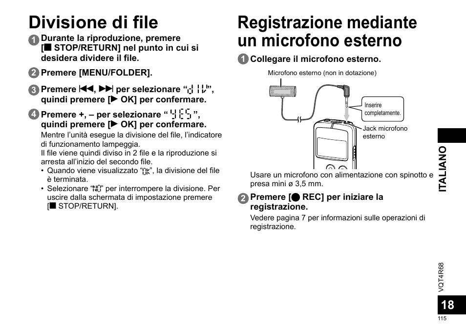 Divisione di file, Registrazione mediante un microfono esterno | Panasonic RRUS310E User Manual | Page 115 / 293