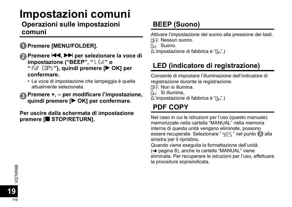 Impostazioni comuni, Operazioni sulle impostazioni comuni, Beep (suono) | Led (indicatore di registrazione), Pdf copy | Panasonic RRUS310E User Manual | Page 116 / 293