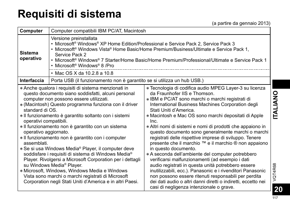 Requisiti di sistema, It aliano | Panasonic RRUS310E User Manual | Page 117 / 293