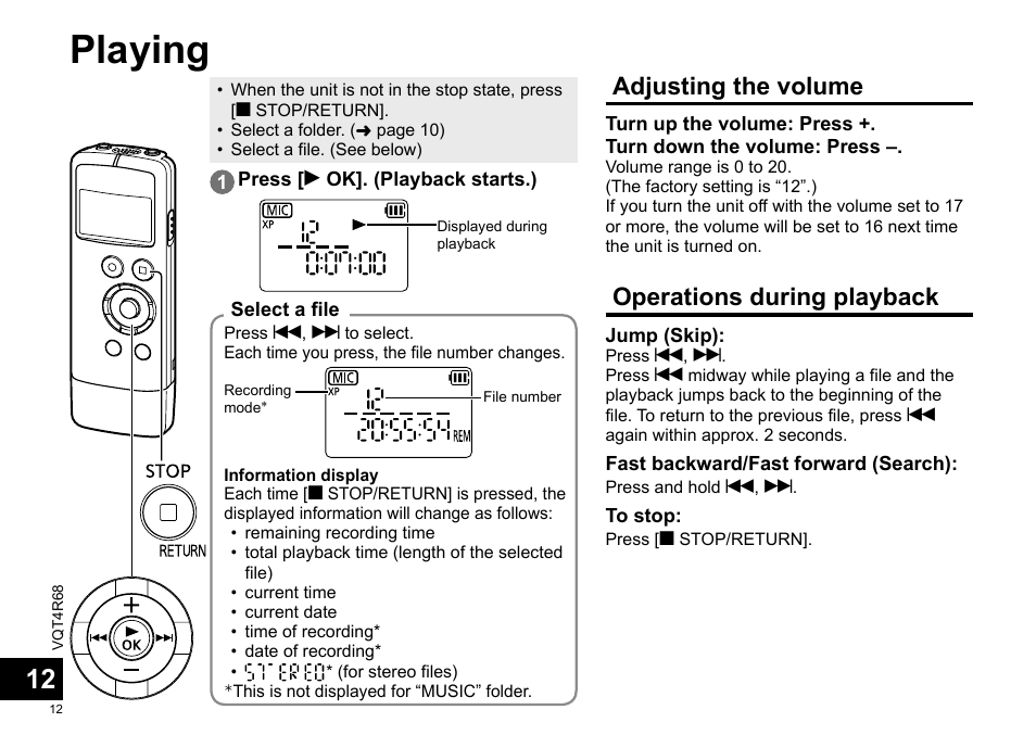 Playing, Adjusting the volume, Operations during playback | Panasonic RRUS310E User Manual | Page 12 / 293