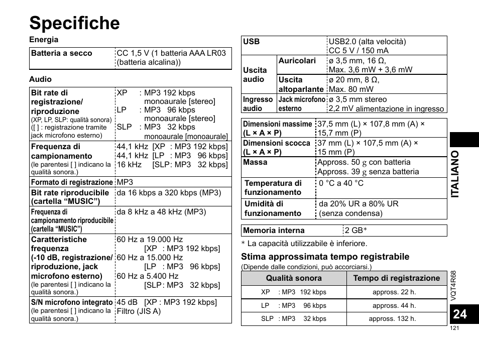 Specifiche, It aliano | Panasonic RRUS310E User Manual | Page 121 / 293
