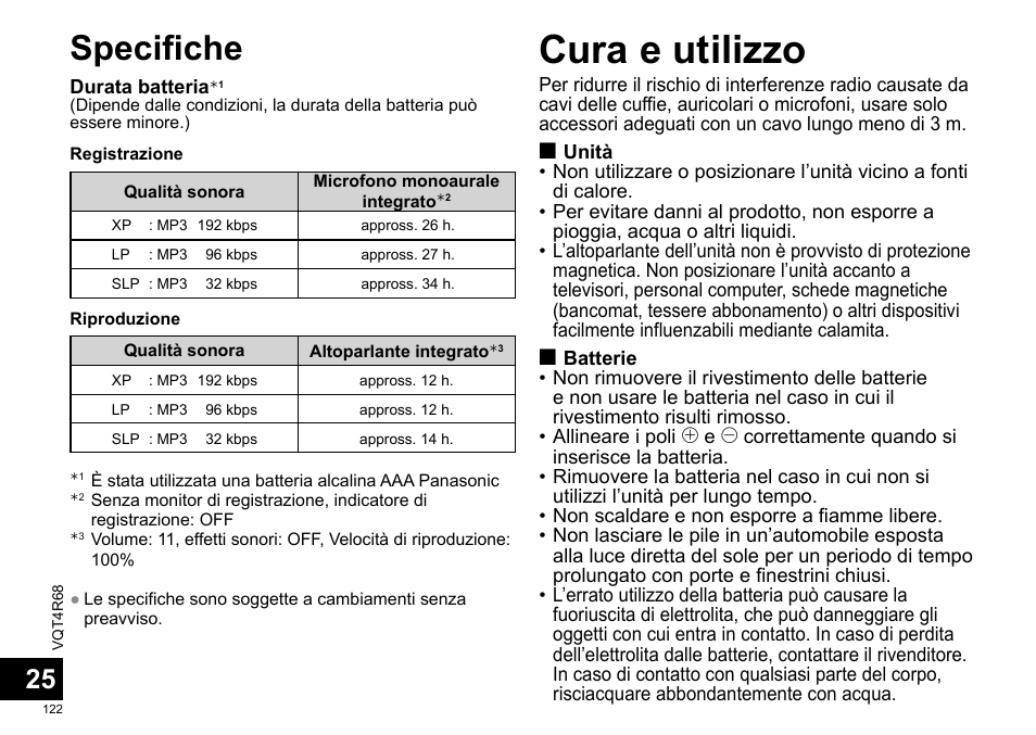 Cura e utilizzo, Specifiche | Panasonic RRUS310E User Manual | Page 122 / 293