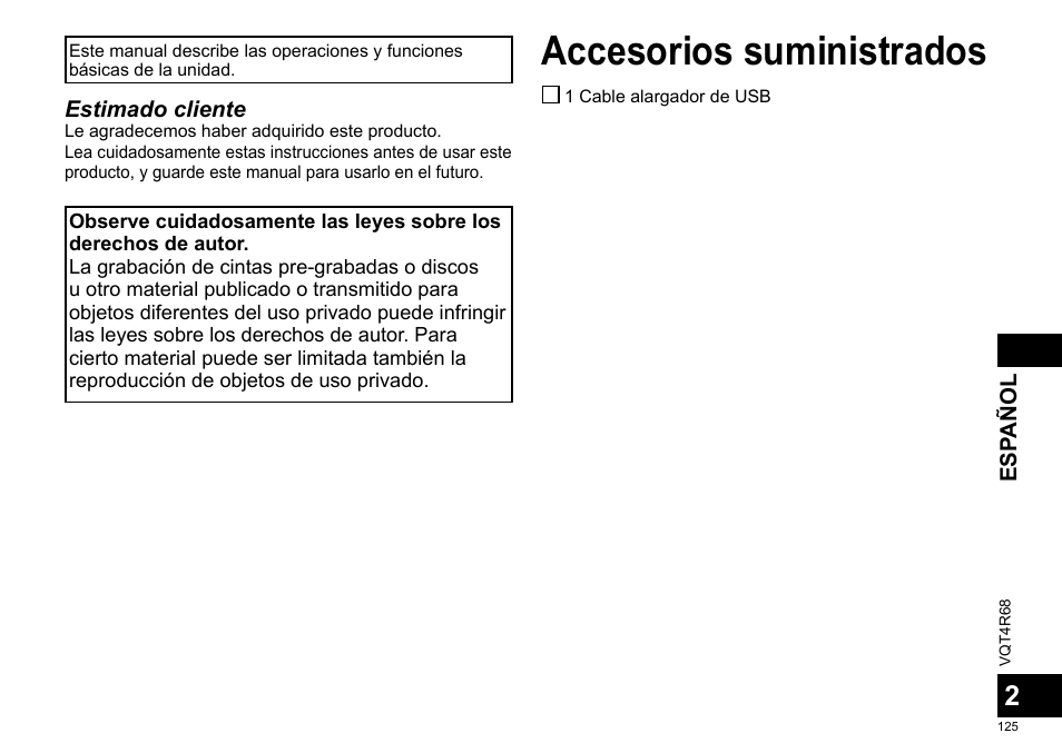 Instrucciones de funcionamiento, Grabadora ic, Español | Accesorios suministrados | Panasonic RRUS310E User Manual | Page 125 / 293