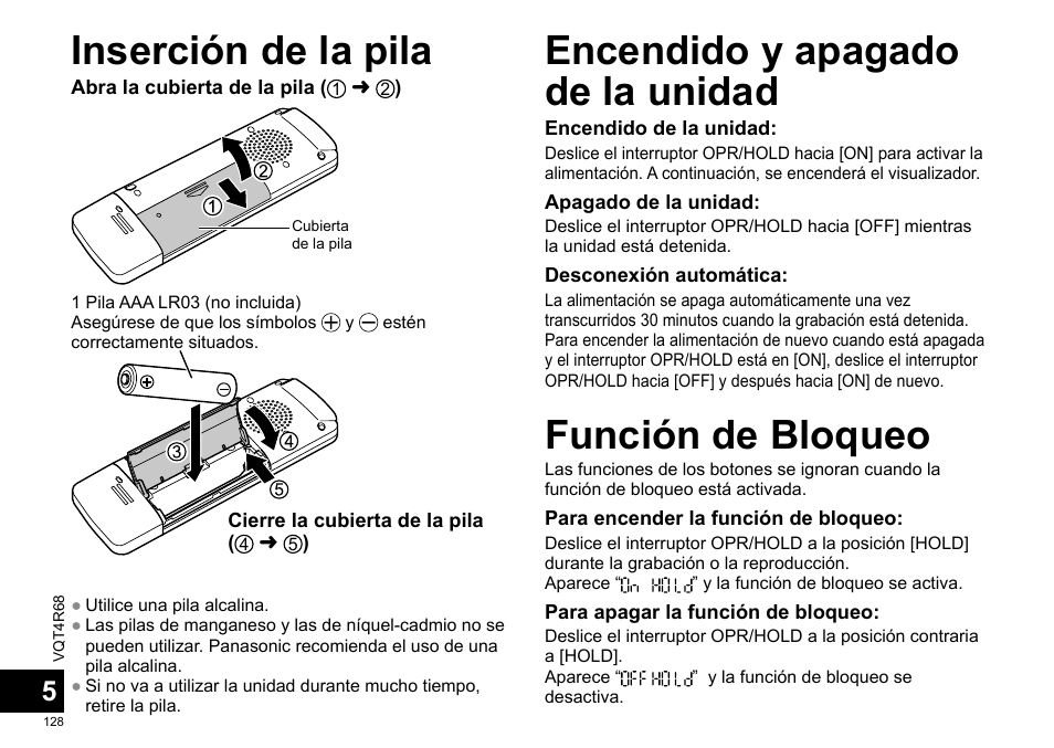 Inserción de la pila | Panasonic RRUS310E User Manual | Page 128 / 293