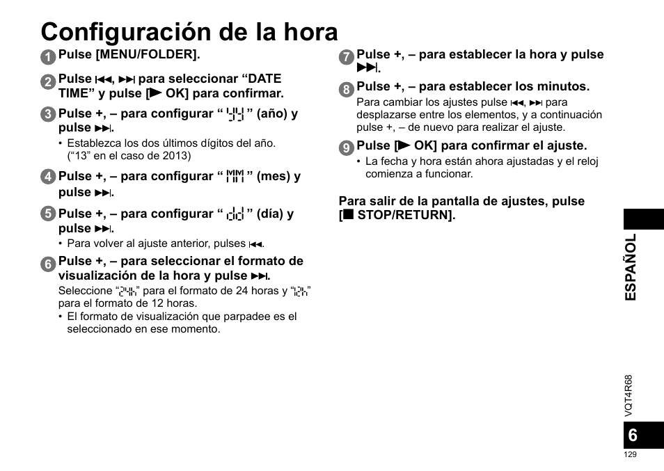 Configuración de la hora | Panasonic RRUS310E User Manual | Page 129 / 293