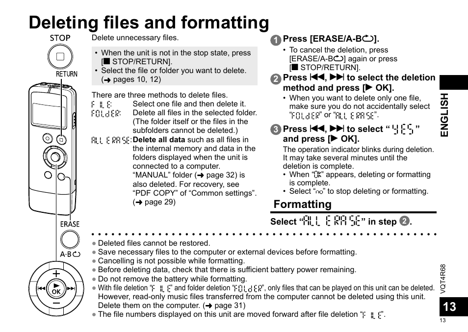 Deleting files and formatting, Formatting, English | Panasonic RRUS310E User Manual | Page 13 / 293