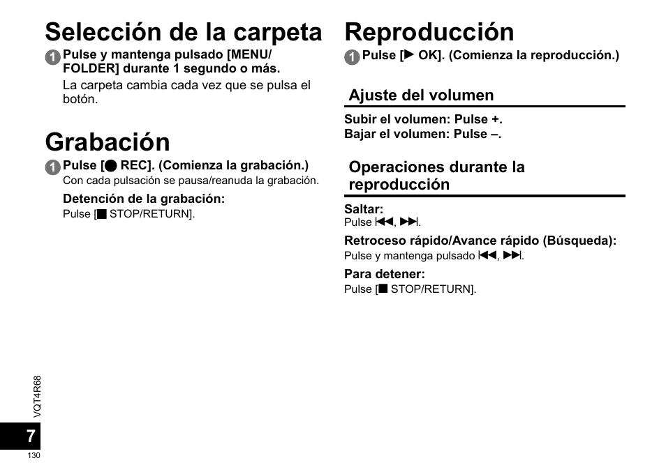 Selección de la carpeta, Grabación, Reproducción | Panasonic RRUS310E User Manual | Page 130 / 293