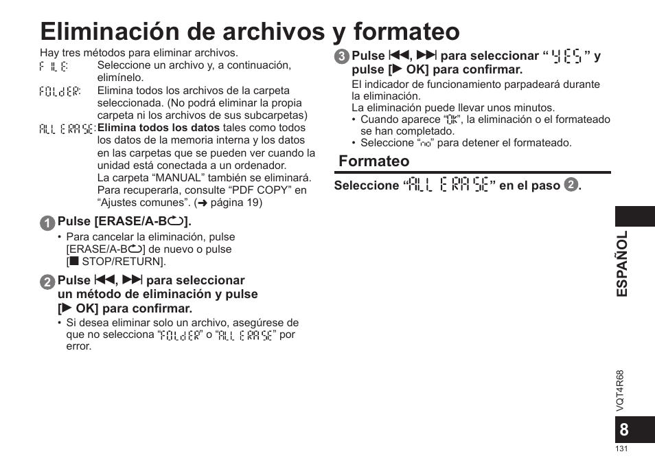 Eliminación de archivos y formateo, Formateo | Panasonic RRUS310E User Manual | Page 131 / 293