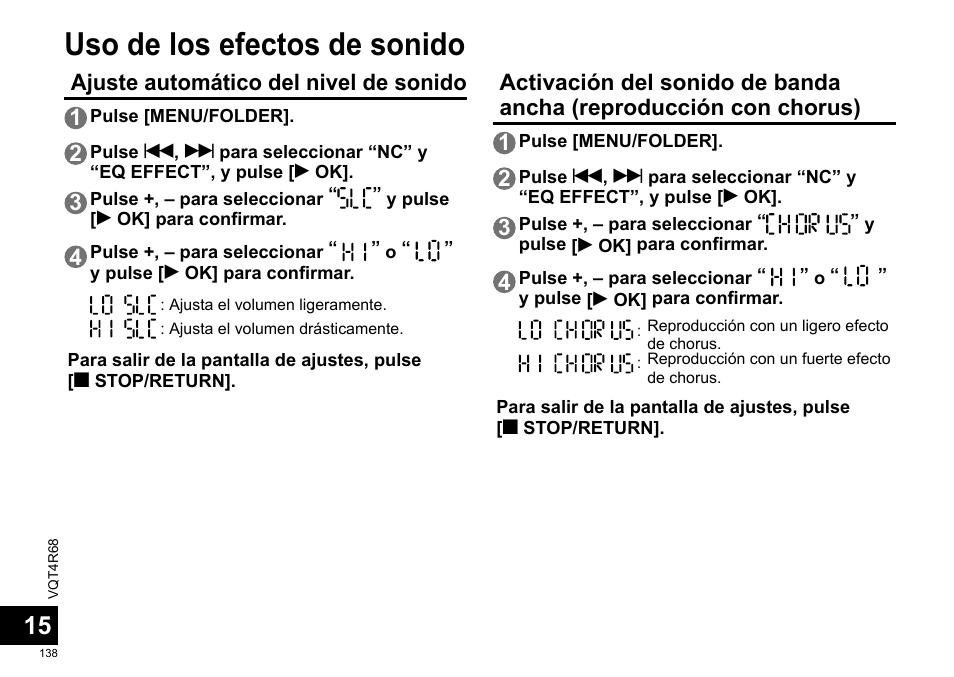 Uso de los efectos de sonido, Ajuste automático del nivel de sonido 1 | Panasonic RRUS310E User Manual | Page 138 / 293