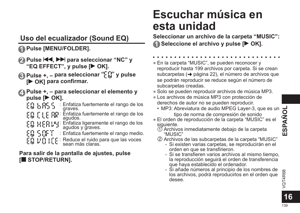 Escuchar música en esta unidad, Uso del ecualizador (sound eq) 1 | Panasonic RRUS310E User Manual | Page 139 / 293