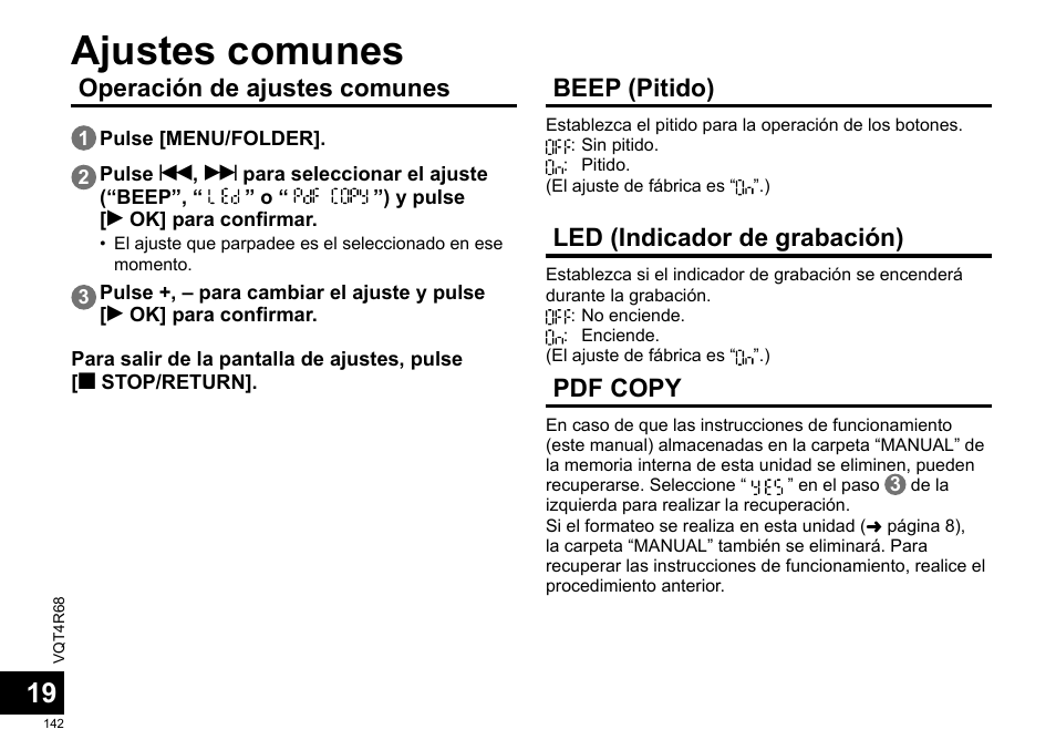 Ajustes comunes, Operación de ajustes comunes, Beep (pitido) | Led (indicador de grabación), Pdf copy | Panasonic RRUS310E User Manual | Page 142 / 293