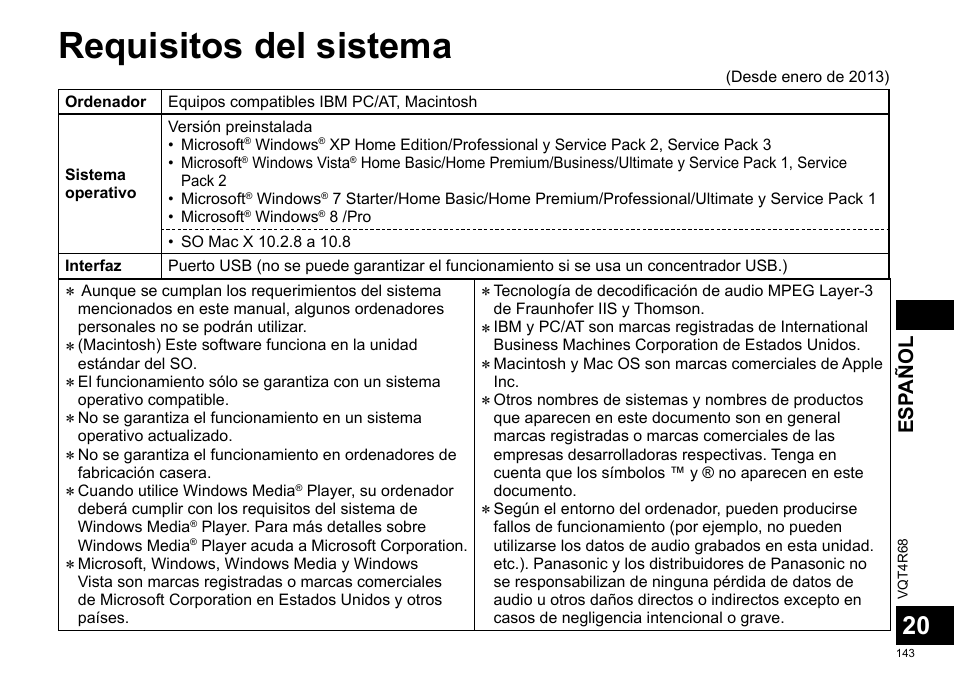 Requisitos del sistema, Esp añol | Panasonic RRUS310E User Manual | Page 143 / 293