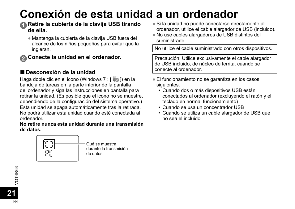Conexión de esta unidad a un ordenador | Panasonic RRUS310E User Manual | Page 144 / 293