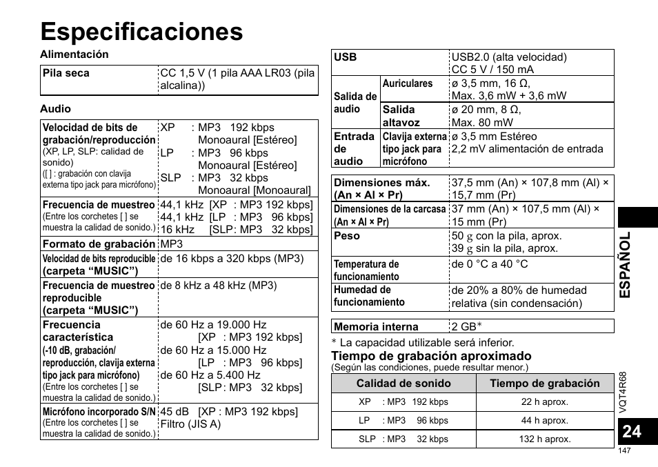 Especificaciones, Esp añol | Panasonic RRUS310E User Manual | Page 147 / 293