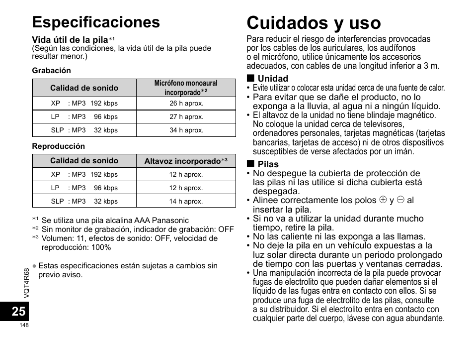 Cuidados y uso, Especificaciones | Panasonic RRUS310E User Manual | Page 148 / 293