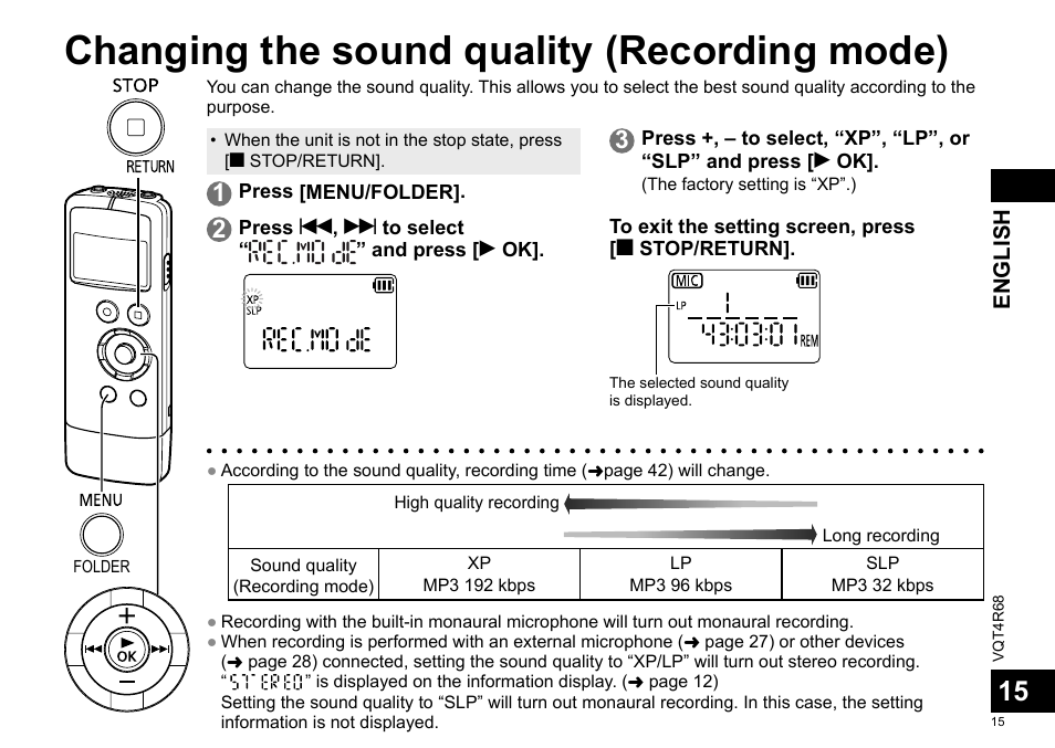 Changing the sound quality (recording mode) | Panasonic RRUS310E User Manual | Page 15 / 293