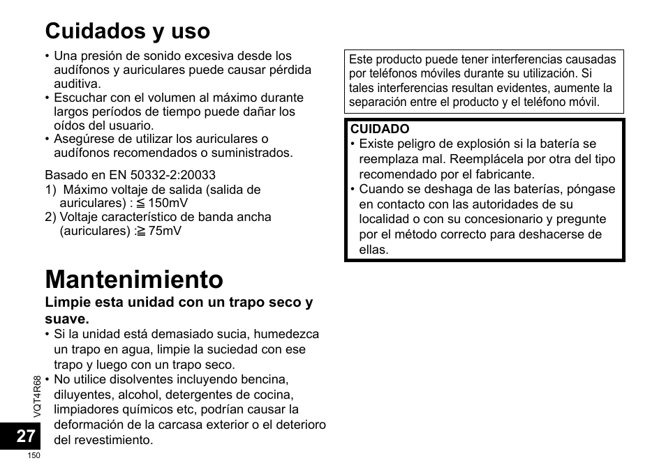 Mantenimiento, Cuidados y uso | Panasonic RRUS310E User Manual | Page 150 / 293