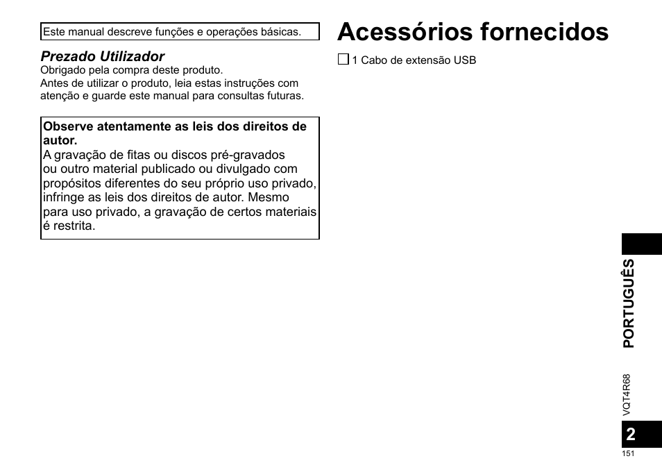 Manual de instruções, Gravador de ic, Português | Acessórios fornecidos | Panasonic RRUS310E User Manual | Page 151 / 293